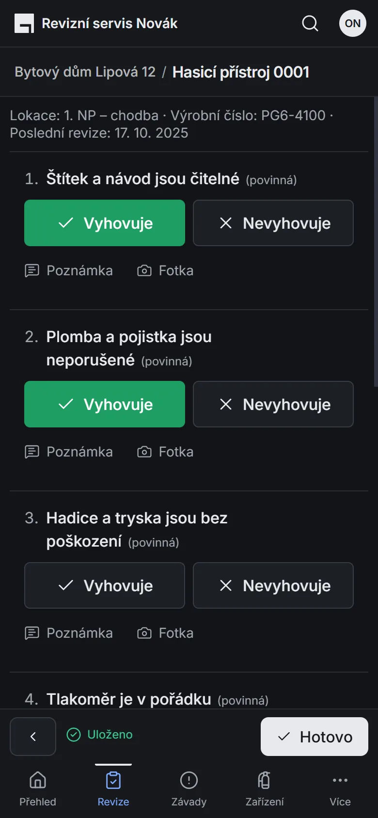 Kontrola hasicího přístroje na telefonu