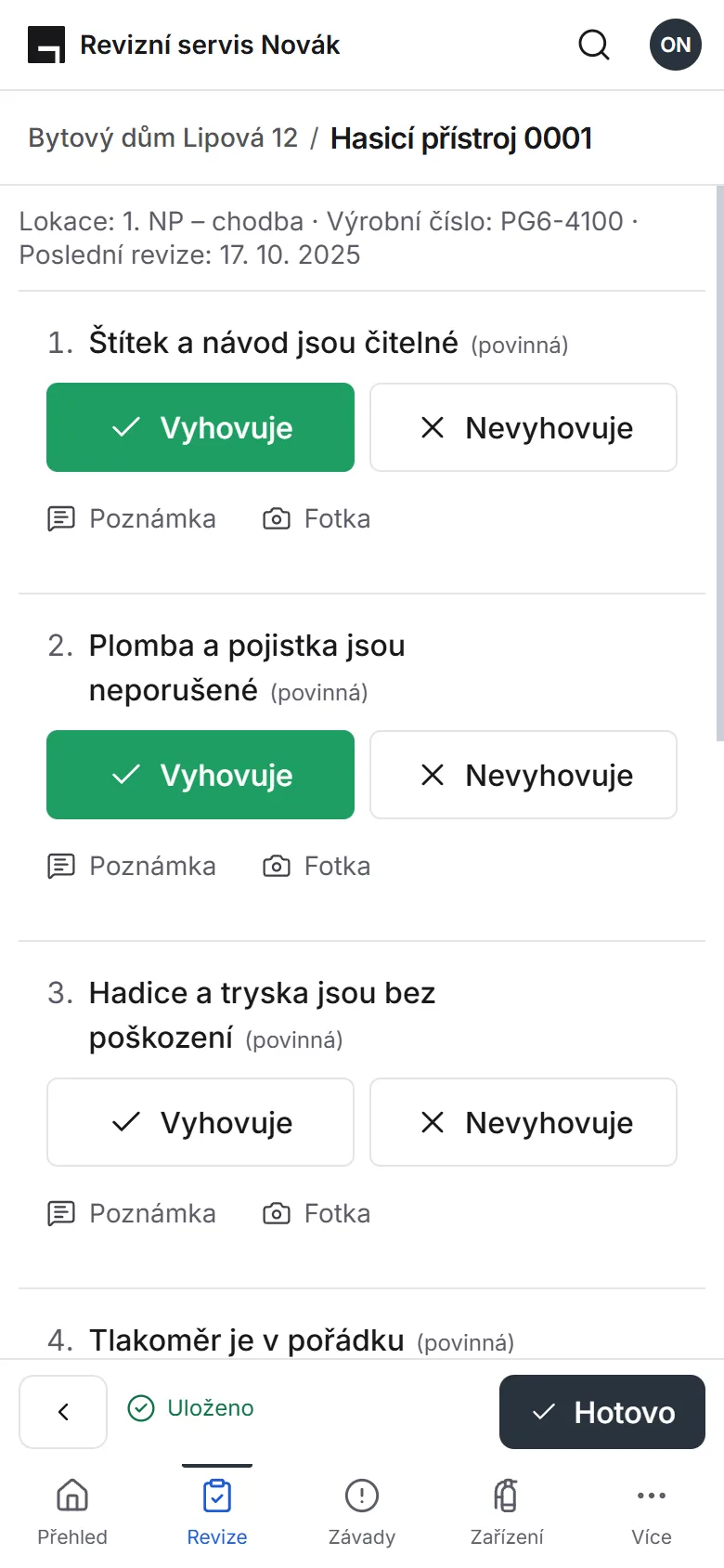 Kontrola hasicího přístroje na telefonu