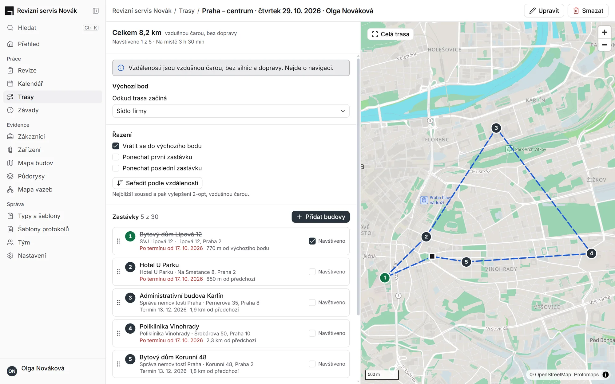 Trasa technika na mapě, seřazená podle vzdálenosti
